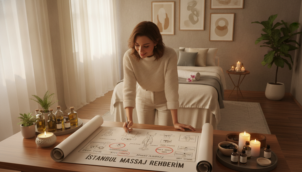 Imagine a serene therapy room designed for therapeutic massage, showcasing a well-organized treatment plan on a large, elegant table. The foreground features a friendly therapist in smart casual clothing, attentively reviewing the plan with detailed notes and diagrams, highlighting various techniques. In the middle, a neatly arranged massage space presents calming elements like soft pillows, aromatherapy oils, and soothing candles, emphasizing a tranquil atmosphere. The background features warm, subtle lighting that creates a peaceful ambiance, with light filtering through gauzy curtains, enhancing the feeling of relaxation. The overall mood is professional and inviting, reflecting the essence of "İstanbul Masaj Rehberim." Capture this scene from a slightly elevated angle to provide a comprehensive view of the space.