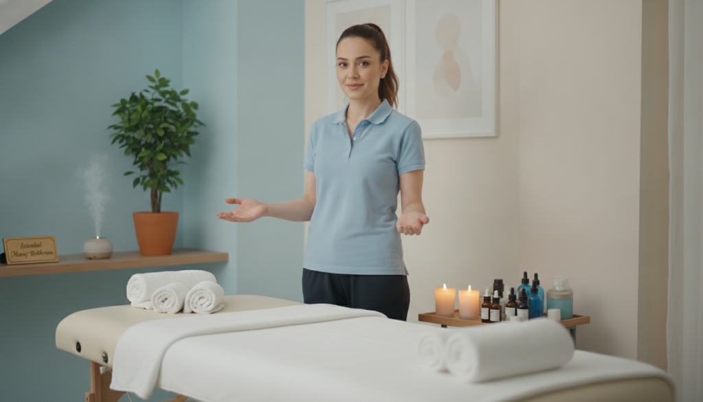 a professional massage therapist in Beylikdüzü preparing for a session, set in a serene home environment. The foreground features a tidy massage table with clean linens, scented candles, and essential oils arranged neatly, creating an inviting atmosphere. In the middle, the therapist, dressed in a smart polo shirt and comfortable, modest pants, demonstrates a calming pose, exuding confidence and warmth, ready to provide tailored care. The background includes soft pastel-colored walls, subtle artwork, and gentle ambient lighting that enhances relaxation. A hint of greenery from a potted plant peeks into the scene, adding a touch of nature. Capture a peaceful, professional mood with a slight depth of field, focusing on the therapist's inviting expression. Include the brand name “İstanbul Masaj Rehberim” subtly in the scene.