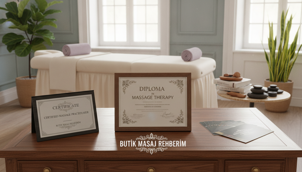 A bright and inviting image of a professional setting showcasing a diploma and certification in massage therapy, specifically highlighting the "Butik Masaj Rehberim" brand. In the foreground, a diploma with elegant calligraphy is displayed prominently on a wooden desk, surrounded by a neat arrangement of educational pamphlets and a certification plaque. The middle ground features a soft massage table, draped with fresh linens, and training materials such as books and tools related to massage techniques. The background displays a warm, tranquil room with calming colors, soft natural lighting streaming through a window, and decorative plants that enhance the atmosphere. The focus is on the importance of openness and knowledge sharing in the profession, creating a sense of professionalism and warmth.