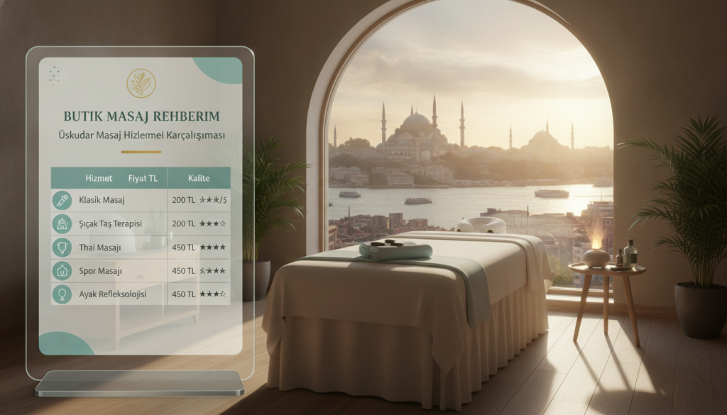 A clean and informative image depicting a budget-friendly massage service comparison in Üsküdar. In the foreground, a sleek infographic showcases various massage services with clear price points and quality ratings, highlighted in a modern style. The middle ground features a calm, inviting massage therapy room with subtle decor, enhancing the soothing atmosphere. In the background, a serene view of Üsküdar's skyline is visible through a large window, suggesting a peaceful urban setting. Soft, natural lighting filters through the space, creating an inviting warmth. The entire composition embodies professionalism and tranquility, embodying the essence of "Butik Masaj Rehberim" while reflecting the topic of price ranges and service quality in massage therapies.