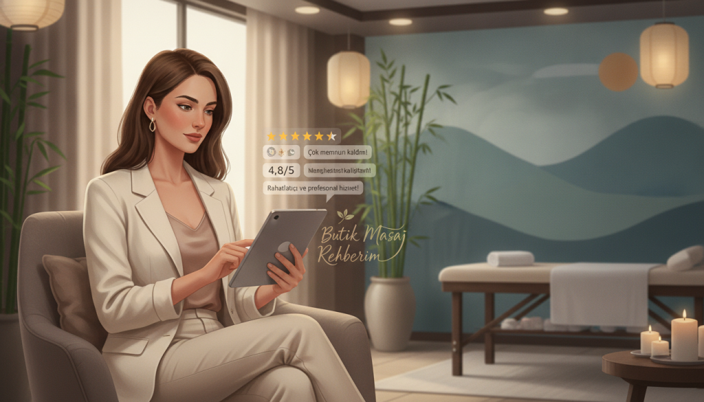 A conceptual illustration depicting a customer review and evaluation system for massage salons in Çatalca. In the foreground, a tablet displaying various customer ratings, star icons, and positive review snippets. In the middle, a well-dressed woman in a business casual outfit, appearing engaged while analyzing the tablet. In the background, a serene spa-like interior with soft lighting, featuring bamboo plants, calming wall colors, and massage therapy décor. The atmosphere conveys professionalism and relaxation, inviting viewers to explore customer feedback. Highlight the brand name "Butik Masaj Rehberim" subtly integrated into the design, ensuring it enhances the overall theme of customer satisfaction in massage services.