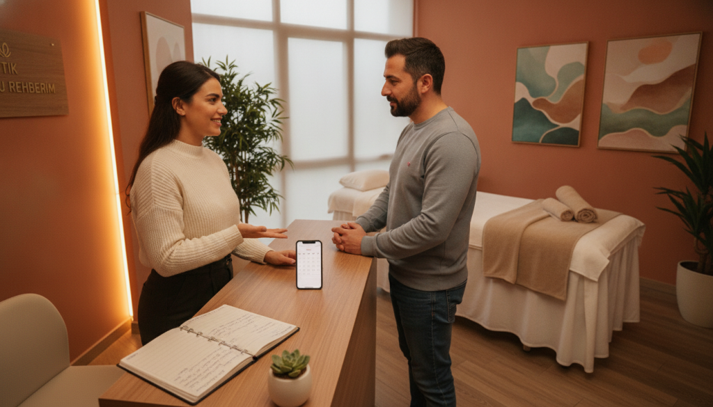 A cozy and inviting massage therapy studio named "Butik Masaj Rehberim" showcasing a professional atmosphere. In the foreground, a neatly arranged reception desk with an appointment book and a smartphone displaying a calendar app. In the middle, a friendly, well-dressed massage therapist in modest casual clothing engages in courteous communication with a client, standing by a comfortable massage table adorned with clean linens. The background features soft lighting, warm earth tones, and calming decor like plants and soothing artwork, creating a relaxing ambiance. The overall mood is warm, professional, and welcoming, emphasizing effective communication during the appointment scheduling process. Use a wide-angle lens to capture the entire scene, with a focus on the interaction between the therapist and client.