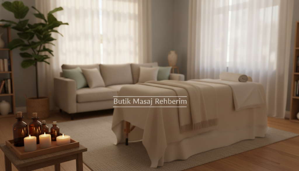 A cozy, inviting living room in Kadıköy, elegantly prepared for a weekend massage session. In the foreground, a beautifully arranged massage table draped in soft, clean linens. Essential oils and candles are artfully placed on a small wooden side table, casting a warm glow. The middle ground features a comfortable sofa with plush cushions, and a serene plant in the corner, providing a calming atmosphere. In the background, soft natural light filters through sheer curtains, creating a tranquil ambiance. The overall mood is peaceful and rejuvenating, perfect for relaxation. Capture this scene with a soft focus lens at a slightly elevated angle. Include the brand name "Butik Masaj Rehberim" subtly in the arrangement without any text overlays.