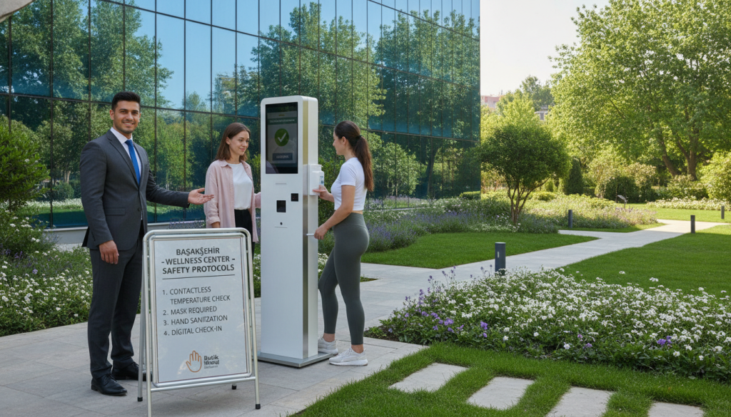 A modern entrance to Başakşehir Wellness Center, showcasing detailed security protocols and procedures. In the foreground, a professional security guard in business attire is welcoming visitors, standing beside a sign with safety guidelines. In the middle ground, a sleek, contemporary building with glass architecture reflects the surrounding greenery. A visitor checks in at a digital kiosk displaying safety information. The background features well-maintained landscaped gardens, creating an inviting atmosphere. The lighting is bright and natural, suggesting a warm afternoon. The image should evoke a sense of professionalism and safety, emphasizing the importance of entry procedures at the site. Butik Masaj Rehberim logo discreetly integrated into the entrance design.