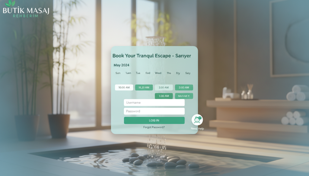 A modern online appointment scheduling interface for a massage therapist in Sarıyer, showcasing a user-friendly design. In the foreground, display an elegant login form with fields for username and password, surrounded by soothing colors like soft blues and greens. The middle layer should feature a calendar view with available time slots and highlighted appointments, while a virtual assistant icon can be seen offering help. In the background, a serene spa environment with subtle touches of nature like plants and calming water features enhances the ambiance. The lighting should be warm and inviting, creating a relaxing atmosphere. The entire composition should evoke tranquility and professionalism, embodying the essence of Butik Masaj Rehberim.