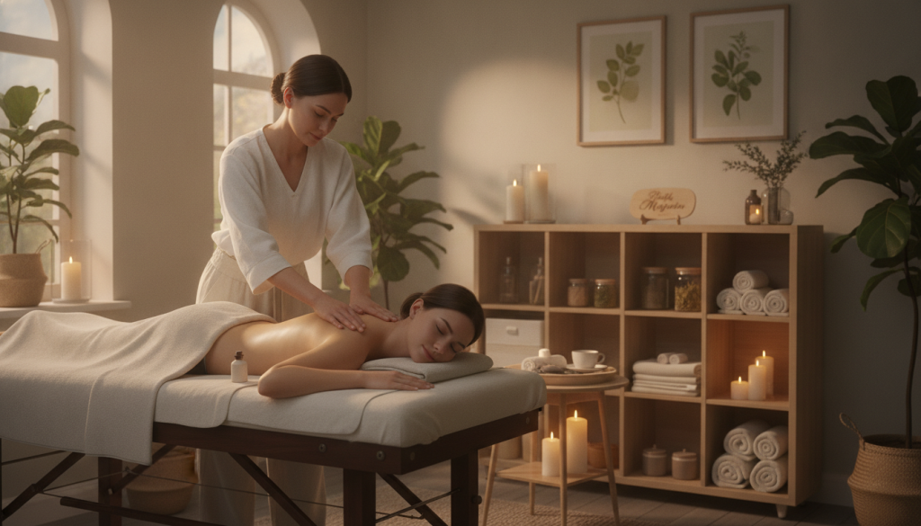 A peaceful and serene massage therapy scene showcasing the physical benefits of relaxation. In the foreground, a professional massage therapist in modest casual attire is performing a soothing Swedish massage on a client in a tranquil spa setting. Soft, warm light filters through large windows, creating an inviting atmosphere filled with natural elements like plants and candles. In the middle, an elegant massage table adorned with plush linens enhances the comfort factor. In the background, gentle decorations, such as calming artwork and efficient storage solutions, embody the essence of a professional spa. The ambiance should evoke a sense of calm and relaxation, emphasizing the healing aspects of massage therapy. Include the brand name "Butik Masaj Rehberim" in a subtle, elegant manner within the scene.