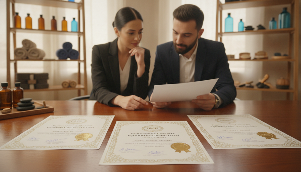 A professional and elegant depiction of "Tuzla profesyonel masöz eğitim sertifikaları" displayed on a polished wooden table. In the foreground, a few well-designed certificates featuring a gold seal and intricate borders are visible, showcasing the quality of training programs from "Butik Masaj Rehberim." In the middle, a pair of professional business-attired individuals are inspecting the certificates, discussing their qualifications and specialties within a bright, warmly lit room. The background features soft-focus elements like shelves lined with massage oils and tools, enhancing the atmosphere of a serene wellness environment. The lighting is soft and welcoming, highlighting the importance of professionalism in the massage therapy field. The overall mood is focused and educational, resonating with the theme of qualifications and expertise in the industry.