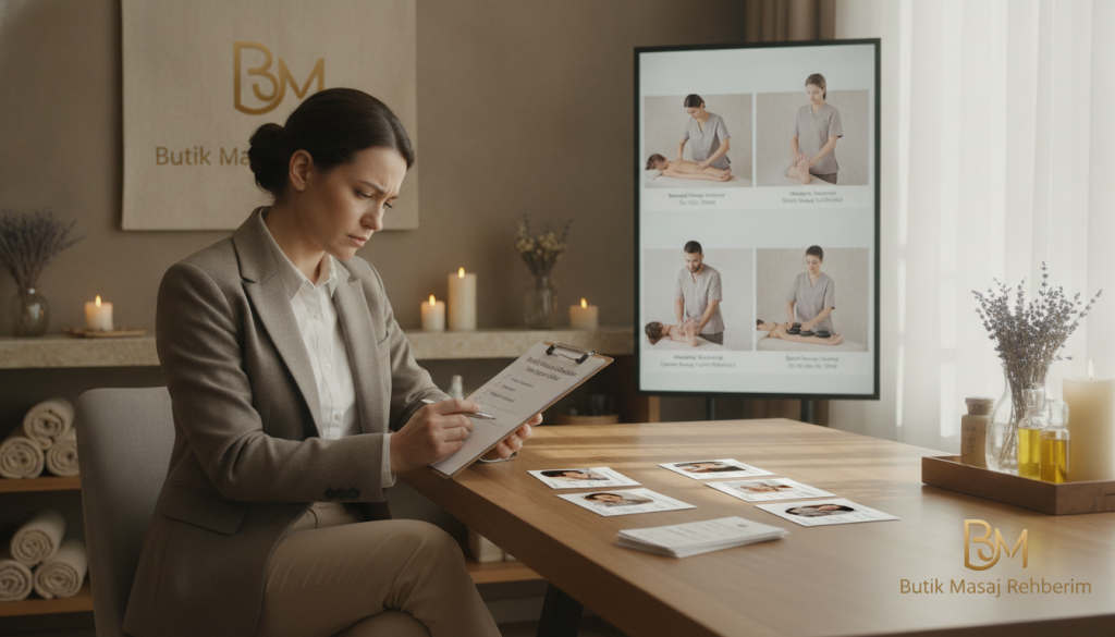 A professional and informative scene depicting a person thoughtfully choosing a massage therapist in a serene, well-lit spa setting. In the foreground, a diverse individual in professional attire studies a checklist and evaluates therapists' credentials displayed on a clipboard. The middle ground features images of certified massage therapists in modest, professional clothing, engaged in various massage techniques, demonstrating their skills. The background showcases a tranquil spa environment with soft lighting, soothing colors, and elements like candles, towels, and aromatic oils to convey relaxation. The atmosphere should evoke professionalism and safety, while also reflecting the theme of informed decision-making in massage therapy. Include a logo for "Butik Masaj Rehberim" subtly integrated into the design.