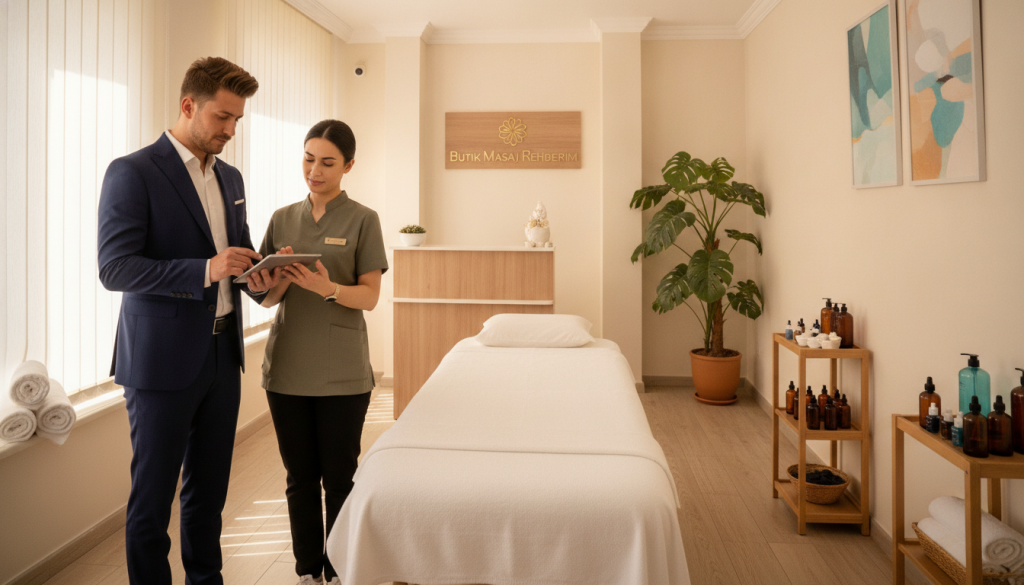 A professional and inviting scene in a Gaziosmanpaşa massage salon, showcasing the reliability standards of wellness and tranquility. In the foreground, a well-dressed male and female massage therapist in professional attire discuss client care, embodying trust and professionalism. In the middle ground, a tastefully arranged treatment room with calming colors, soft lighting, and neatly displayed massage oils reflects a serene atmosphere. The background features soothing decor, such as plants and artwork that evoke relaxation, enhancing the trustworthiness of the establishment. The overall mood is peaceful and reassuring, focusing on the salon's commitment to high standards of service, represented by the brand name "Butik Masaj Rehberim." The lighting is warm and gentle, creating an inviting ambiance, captured from a slightly elevated angle to highlight the space's layout.