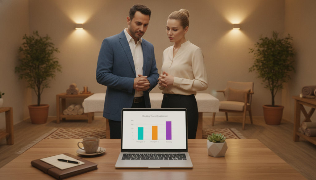 A professional and organized workspace showcasing the comparison of massage therapist working hours in Kağıthane. In the foreground, a stylish, neatly arranged desk with a laptop displaying a colorful bar chart comparing working hours. In the middle, a well-dressed male and female massage therapist, both in professional attire, discussing and analyzing the chart. The background features a calming massage therapy room with soft lighting, potted plants, and soothing decor elements that evoke relaxation. Use a warm color palette to create a friendly and inviting atmosphere, focusing on the therapists' collaboration. The image should reflect the professionalism of "Butik Masaj Rehberim" without any text, logos, or watermarks.