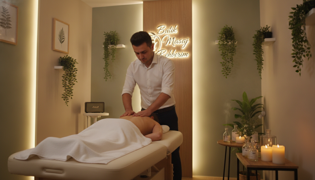 A professional male masseur in a serene and inviting massage studio in Zeytinburnu, dressed in smart casual attire, providing a soothing massage session to a client comfortably draped in a towel. The foreground features a plush massage table and calming aromatherapy elements such as candles and essential oils. In the middle, there’s soft ambient lighting that creates a warm atmosphere, while relaxing music can be implied by subtle visual cues like a small speaker. In the background, soothing decor with soft colors, plants, and softly glowing lights enhances the tranquil environment. Highlight the branding "Butik Masaj Rehberim" subtly in the ambiance. The overall mood is calm, welcoming, and professional, inviting viewers into a peaceful space focused on wellness and relaxation.