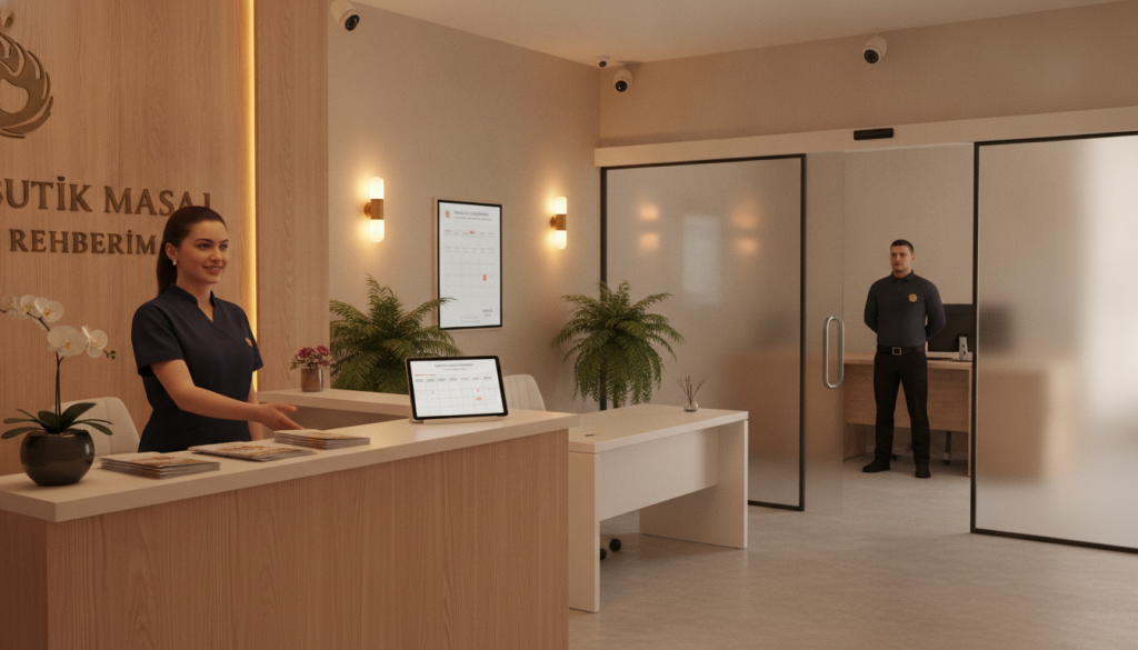 A professional massage appointment setting emphasizing security measures. In the foreground, depict a well-organized reception area with a friendly massage therapist dressed in professional attire, welcoming clients. The middle ground features a stylish desk with a tablet displaying appointment schedules and safety protocols, surrounded by calming decor such as plants and soft lighting. In the background, showcase a secure entrance with a check-in area, complete with a security personnel in uniform ensuring client safety, and visible security cameras. The atmosphere should be serene and inviting, evoking trust and professionalism. Warm, soft lighting highlights the welcoming environment. Include the brand name “Butik Masaj Rehberim” subtly within the reception area, ensuring no text overlays.