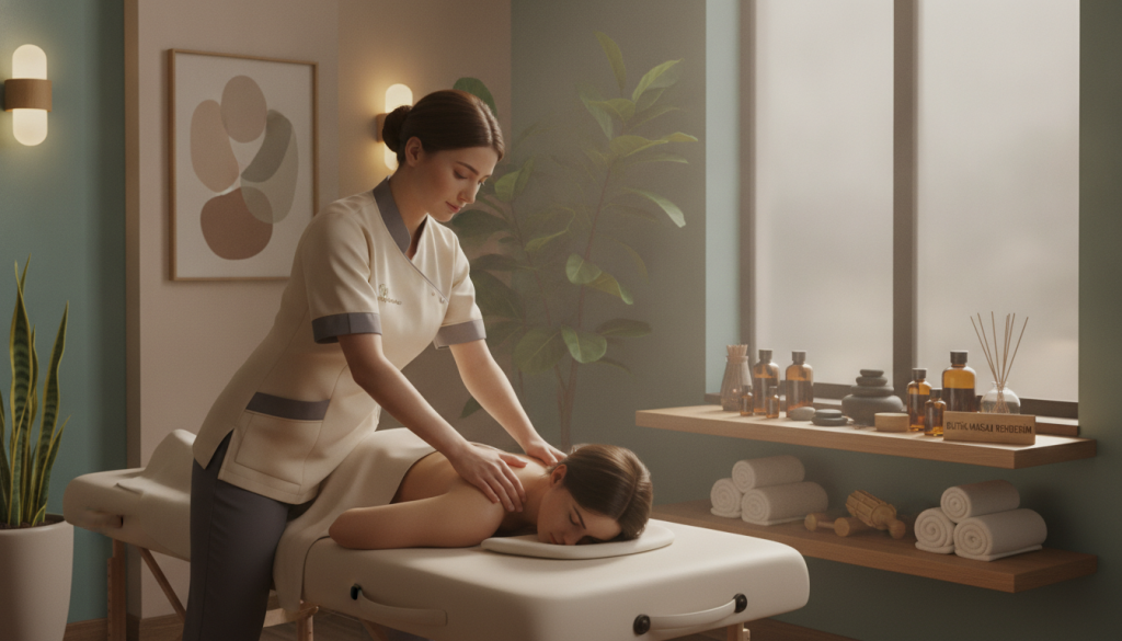 A professional massage therapist in Esenyurt, dressed in smart, modest attire, demonstrates various massage techniques in a well-lit, serene studio environment. In the foreground, the therapist is working on a client lying comfortably on a massage table, surrounded by calming decor, such as soft lighting and soothing colors. In the middle ground, essential massage tools and oils are neatly arranged on a shelf, enhancing the quality theme. The background features a tranquil atmosphere with plants and relaxing art on the walls, creating a peaceful space. The lighting is warm and inviting, casting gentle shadows that add depth to the scene. The overall mood is serene and professional, capturing the essence of high-quality massage services. This image should represent "Butik Masaj Rehberim" effectively.