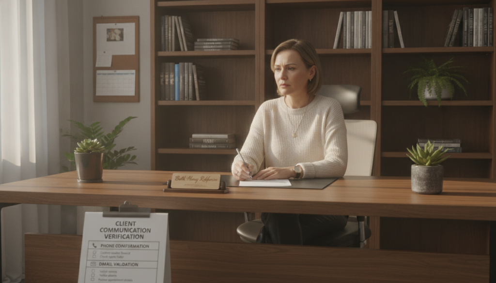 A professional office setting showcasing a middle-aged female massage therapist sitting at a desk, drafting a communication verification checklist. She is wearing smart casual attire, with a focused and thoughtful expression. In the foreground, the checklist is partially visible with various tips for verifying contact details, illustrated through icons of a phone, email, and a magnifying glass. The middle background includes a shelf filled with books about massage therapy and wellness. The background features a well-organized workspace with potted plants and soft lighting creating a calm and inviting atmosphere. The overall mood is focused and informative, perfect for emphasizing the importance of verification in the massage industry. Include the brand name "Butik Masaj Rehberim" subtly on the desk.