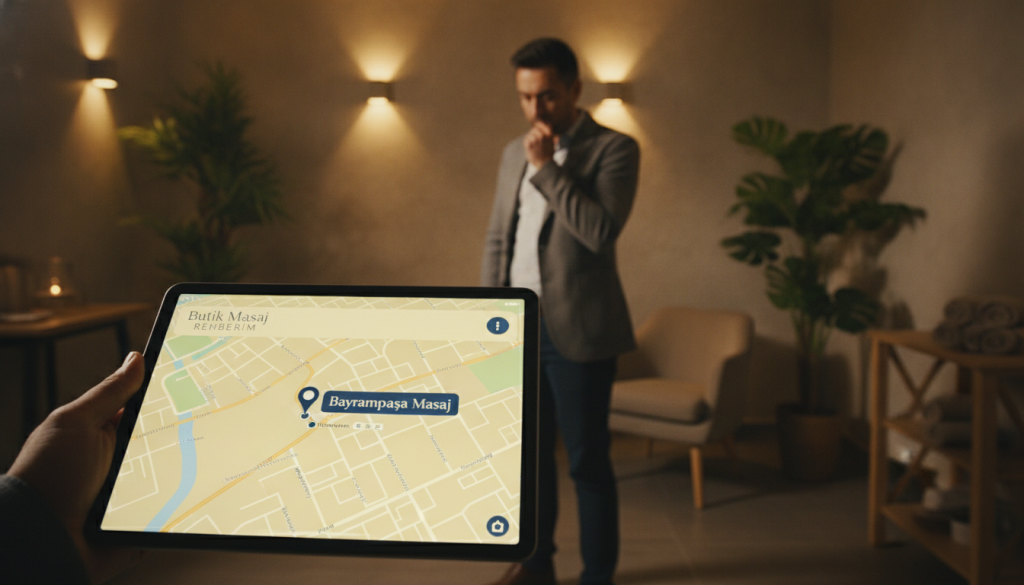 A professional setting depicting a clear and effective navigation map for "Bayrampaşa Masaj" in the foreground, showcasing a modern tablet or smartphone displaying the map interface. In the middle ground, a person in business casual attire thoughtfully examines the device, with a focused expression. The background features a cozy and welcoming massage therapy center, including elements like soft lighting, soothing plants, and a serene ambiance that suggests relaxation. Emphasize warm colors and soft shadows to create a calming mood. Capture this scene from a slightly elevated angle to add depth. The brand name "Butik Masaj Rehberim" is subtly incorporated into the map interface design without overt branding.