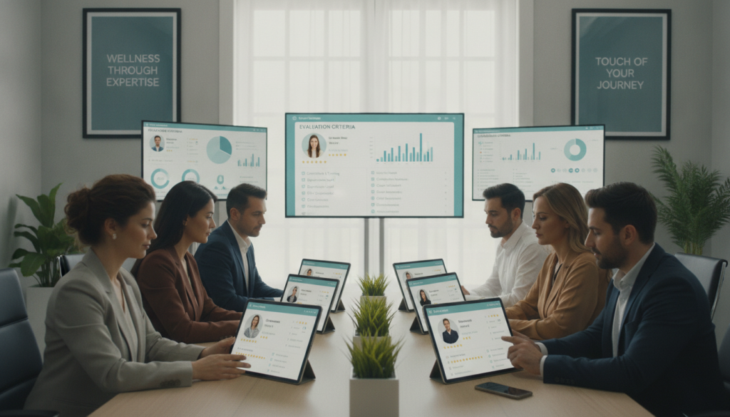 A professional setting depicting a diverse group of massage therapists engaged in reviewing profiles on digital devices. In the foreground, a mixed-gender team of therapists, dressed in smart business attire, is gathered around a large table filled with tablets and laptops, analyzing information. The middle ground features screens displaying profile evaluations, star ratings, and criteria checklists in a modern office space. The background shows a well-lit, airy environment with motivational posters related to wellness and expertise. Use soft, natural lighting to create a calm, focused atmosphere, with a slight depth of field effect to emphasize the subjects. The image should convey professionalism and thoroughness, representing the careful consideration in evaluating massage therapists, associated with "Butik Masaj Rehberim."