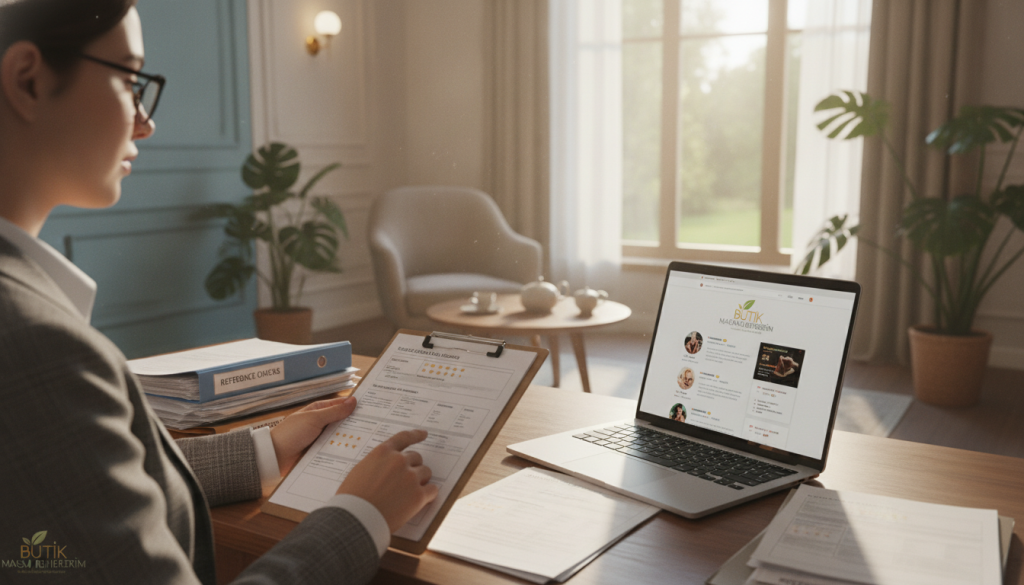 A professional setting depicting the evaluation process for massage therapist references, with a focus on customer feedback and assessments. In the foreground, a business professional in neat attire is reviewing a clipboard filled with customer reviews and ratings, surrounded by papers and a laptop displaying a massage therapy website. In the middle, an inviting and serene room designed for consultations, featuring soft lighting, plants, and comfortable seating. In the background, a window letting in warm, natural light enhances the peaceful atmosphere. The overall mood should be calm and analytical, showcasing the importance of careful selection in massage services. Include a subtle logo of "Butik Masaj Rehberim" in the scene to represent the brand context.