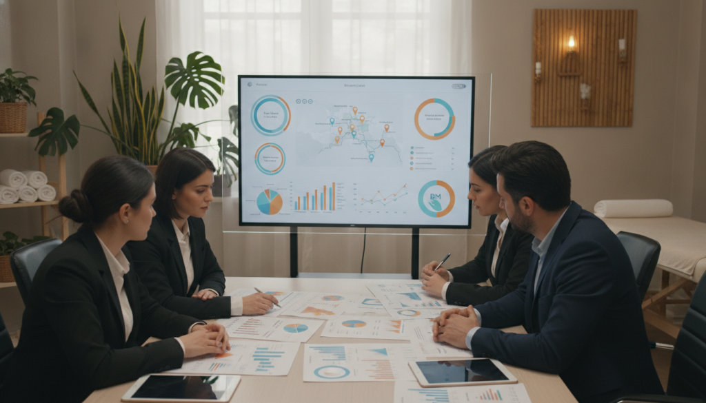 A professional setting showcasing the comparison methods for massage therapist profiles. In the foreground, a diverse group of three individuals dressed in smart business attire, engaged in discussion and analyzing documents on a table filled with graphs and charts, highlighting different massage techniques and their effectiveness. In the middle ground, a large interactive screen displays visual data and comparison metrics related to different massage profiles from Sarıyer, capturing attention with vivid colors and clear graphics. The background features a calming massage studio with soft lighting, plants, and soothing decor, creating a tranquil atmosphere. The mood is focused and educational, emphasizing collaboration and expertise in the field of massage therapy. Include the brand identity "Butik Masaj Rehberim" subtly within the design elements without any text.