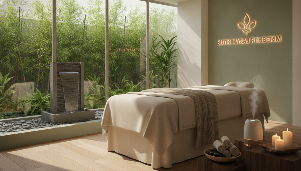 A serene Ataşehir wellness center interior showcasing a relaxing massage environment. In the foreground, a professional massage table draped in soft, neutral-colored linens, with warm towels neatly folded nearby. A soothing essential oils diffuser emits gentle steam, while aromatic candles flicker softly, creating an inviting ambiance. In the middle, a small indoor water feature with stones reflects light, enhancing the tranquil atmosphere. The background features calming greenery, such as potted plants and bamboo, framed by large windows allowing natural light to bathe the space. The overall mood is peaceful and rejuvenating, perfect for relaxation. The image conveys the concept of serenity and self-care, prominently featuring the brand "Butik Masaj Rehberim".