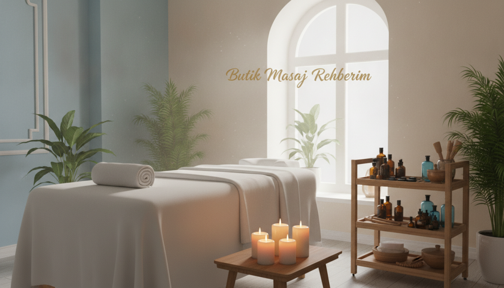 A serene and calming spa setting in Beylikdüzü, featuring a plush massage table adorned with crisp white linens in the foreground. Soft ambient lighting creates a soothing atmosphere, with scented candles flickering gently on a nearby shelf. In the middle, a well-organized cart holds essential oils and massage tools, all neatly arranged. The background showcases a tranquil room with soft pastel walls, potted plants, and a window allowing natural light to filter in, enhancing the peaceful vibe. The scene conveys a sense of preparation and relaxation, ideal for a massage session. The branding "Butik Masaj Rehberim" subtly placed on the wall in elegant font, blending harmoniously with the surroundings. The overall mood is inviting and professional, perfect for conveying seans öncesi hazırlıklar.