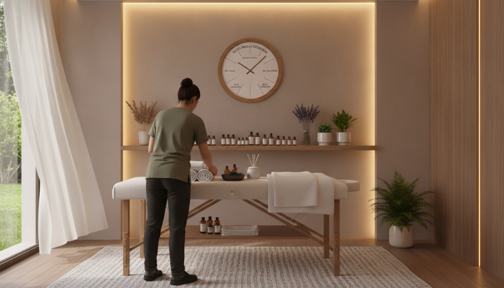 A serene and harmonious spa environment showcasing "Butik Masaj Rehberim" in an elegant, well-organized massage therapy room. In the foreground, a professional massage therapist wearing modest casual attire prepares a massage table with fresh towels and aromatic oils. The middle ground features a wall-mounted clock displaying precise time management for various massage types, with calming essential oils and plants adorning the shelf. In the background, soft ambient lighting illuminates the space, creating a relaxing atmosphere with neutral color tones and gentle textures. The overall mood is peaceful and inviting, emphasizing the importance of time management in massage therapy appointments.