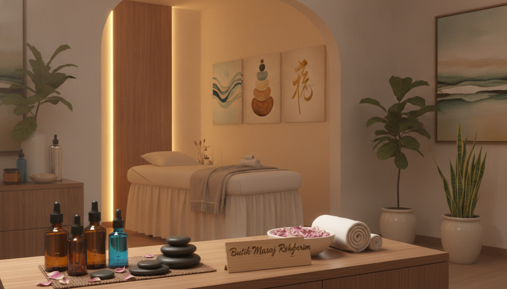 A serene and informative spa setting featuring various types of massages represented through artistic elements. In the foreground, a well-organized display of massage tools and oils, such as essential oil bottles and massage stones, creating a calming ambiance. The middle ground showcases a cozy massage treatment room, adorned with soft lighting and warm tones, presenting a tranquil environment. The background includes decorative elements like potted plants and peaceful artwork, enhancing the soothing atmosphere. The overall mood is relaxing and inviting, ideal for learning about different massage types. Include the brand name "Butik Masaj Rehberim" subtly integrated into the decor. The lighting is soft and warm, suggesting a welcoming and tranquil setting.
