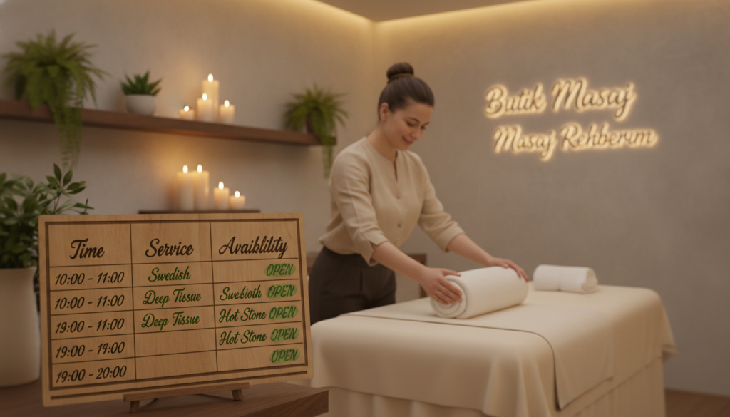 A serene and inviting ambiance of a massage therapy clinic in Kağıthane, showcasing various relaxing settings and services. In the foreground, a well-organized schedule board with clear time slots for massage services displayed artistically. In the middle ground, a professional massage therapist in smart casual attire gently adjusting a massage table, creating a warm and approachable vibe. The background features calming decor with soft lighting, including candles and plants, enhancing the tranquil atmosphere. Use a soft focus lens effect to add a dreamy quality to the scene. The overall mood should convey relaxation and professionalism, with the brand name "Butik Masaj Rehberim" subtly integrated into the architecture, blending harmoniously with the environment.
