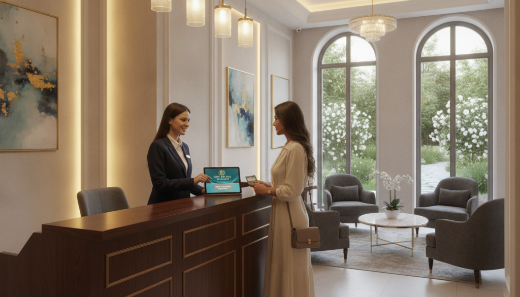 A serene and inviting hotel lobby scene, featuring elegant decor with soft lighting that creates a warm atmosphere. In the foreground, a stylish receptionist dressed in professional business attire stands behind a polished wooden reception desk, engaging with a guest who is inquiring about an upcoming appointment. On the desk, there is a sleek tablet displaying the “Butik Masaj Rehberim” logo, highlighting the appointment details clearly. In the middle ground, plush seating arrangements and tasteful artwork adorn the walls, providing an upscale feel. The background features large windows that allow natural light to pour in, giving a glimpse of a beautifully landscaped garden outside. The mood is calm and professional, perfect for conveying essential entry information for a spa appointment.