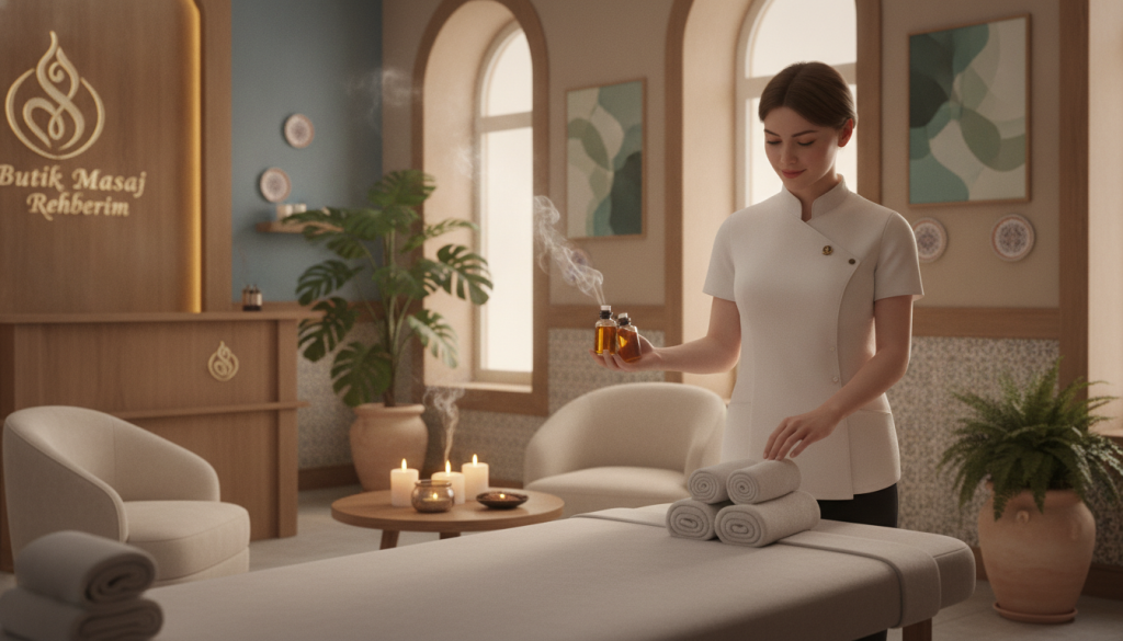 A serene and inviting interior of a massage center in Eyüpsultan, showcasing various massage service types. In the foreground, a well-dressed massage therapist in professional attire is preparing a massage table with aromatic oils and warm towels, radiating professionalism and care. The middle ground features calming decor, including soft lighting and tranquil colors, with aromatherapy candles softly flickering. In the background, subtle elements like potted plants and soothing wall art create a relaxing atmosphere. The scene is illuminated by warm, diffused lighting to enhance the tranquil mood. The composition should reflect an upscale yet approachable environment, showcasing the unique characteristics that impact massage services in this neighborhood. Include branding for "Butik Masaj Rehberim" subtly integrated into the decor, maintaining a focus on professionalism and well-being.