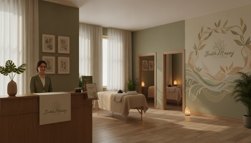 A serene and inviting interior of a massage center in Pendik, featuring a calming color palette of soft greens and warm earth tones. In the foreground, a well-organized reception area showcases a friendly receptionist dressed in professional attire, ready to assist clients. In the middle ground, softly lit treatment rooms with cozy massage tables and soothing decorations create a tranquil atmosphere. Natural light filters through sheer curtains, casting gentle shadows on the floor, enhancing the relaxed mood. In the background, a wall displays a tasteful mural related to wellness and relaxation. The logo "Butik Masaj Rehberim" is subtly integrated into the overall design, harmonizing with the aesthetic without prominent visibility. The overall vibe exudes comfort, professionalism, and the importance of selecting the right massage schedule.