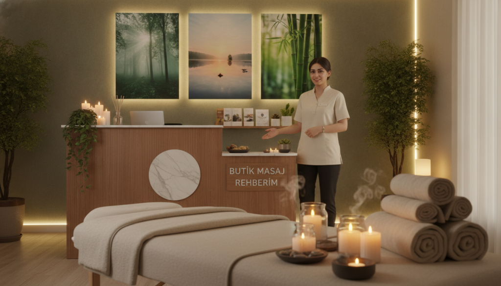 A serene and inviting massage center interior in Bayrampaşa, featuring elegant decor with soft, warm lighting. In the foreground, a cozy massage table draped with a plush towel and scented candles creating a calming atmosphere. In the middle, a well-organized reception area with a friendly staff member in professional attire, welcoming clients. The background showcases soothing nature-themed artwork and plants to enhance tranquility. The lighting is soft and atmospheric, evoking a sense of relaxation and comfort. The brand name "Butik Masaj Rehberim" is subtly incorporated into the aesthetic of the space, but not visually emphasized. The overall mood is peaceful, promoting a sense of well-being and rejuvenation, ideal for massage therapy selection.