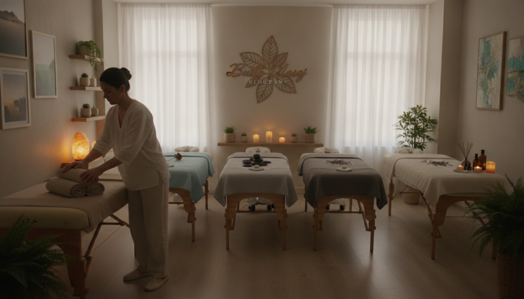 A serene and inviting massage salon interior in Ataşehir, showcasing various massage types. In the foreground, a professional massage therapist, dressed in modest casual attire, prepares a tranquil room adorned with soft lighting and soothing nature-themed decor. In the middle ground, elegant massage tables are arranged side by side, each decorated with crisp white linens and plush towels, reflecting different massage styles such as Swedish, deep tissue, and aromatherapy. The background features a calming ambiance with plants, candles, and artful wall displays. Warm, soft lighting casts a peaceful glow throughout the space, enhancing the relaxing atmosphere. The brand name "Butik Masaj Rehberim" subtly integrated into the decor. The overall mood is tranquil, inviting, and professional, perfect for a weekend retreat.