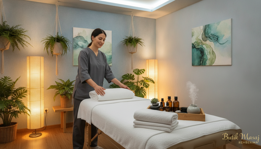 A serene and inviting massage therapy room, designed for professional practitioners, featuring a calming color palette of soft blues and greens. The foreground captures a massage table with fresh towels and essential oils neatly arranged. A skilled massage therapist, dressed in modest, professional attire, is preparing the room, showcasing a relaxed and welcoming demeanor. In the middle, plants and soothing artwork adorn the walls, enhancing the tranquil atmosphere. The background includes soft, ambient lighting, emanating from stylish lamps that cast a gentle glow throughout the space. The overall mood is peaceful and rejuvenating, reflecting the expectations for a high-quality massage session. Include the brand name "Butik Masaj Rehberim" subtly integrated into the scene, emphasizing professionalism and tranquility.