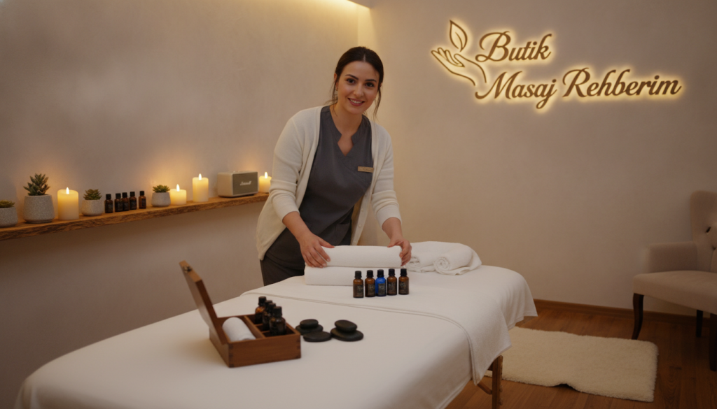 A serene and inviting massage therapy room in a professional setting, showcasing a qualified masseuse in modest, professional attire. The foreground features the masseuse with a warm, reassuring smile, preparing a massage table adorned with clean linens and aromatic oils. In the middle ground, elements like candles, essential oil bottles, and relaxing music in the background create a calming ambiance. The background includes soft lighting that casts a gentle glow, enhancing the atmosphere of tranquility. The scene conveys professionalism and experience, suggestive of the high-quality services of "Butik Masaj Rehberim". Capture this image from a slightly angled perspective to emphasize depth and warmth in the space, evoking a sense of relaxation and trust.