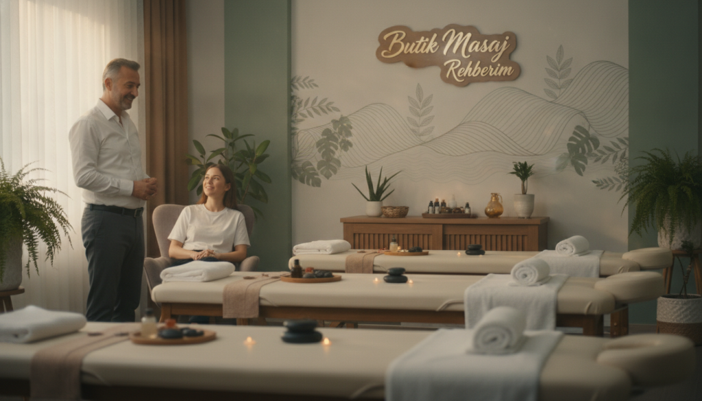 A serene and inviting massage therapy room set in Sultangazi, featuring peaceful decor with soft lighting and relaxing colors. In the foreground, a professional masseur in business attire is engaged in a warm conversation with a client, ensuring a welcoming atmosphere. In the middle ground, massage tables are neatly arranged with towels and aromatherapy oils, illustrating a professional environment. The background shows a calming nature-inspired mural and soothing plants, enhancing tranquility. The image should convey a sense of trust, relaxation, and effective communication. The brand name "Butik Masaj Rehberim" subtly integrated into the decor, capturing the essence of personal connection in massage therapy. Use soft, natural lighting to emphasize warmth and professionalism.