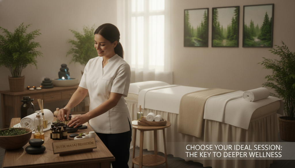 A serene and inviting massage therapy room, showcasing a cozy, well-lit atmosphere. In the foreground, a professional massage therapist, dressed in a clean, modest uniform, is preparing essential oils and massage tools on a neatly arranged wooden table. The middle ground features a comfortable massage table adorned with fresh linens, while soft towels are neatly folded nearby. In the background, calming decorations, like framed nature artwork and plants, contribute to a tranquil ambiance. Soft natural light streams through a window, casting gentle shadows across the room, enhancing the feeling of relaxation. Add the brand name "Butik Masaj Rehberim" subtly integrated into the decor, while keeping the overall image focused on professionalism and comfort, encapsulating the essence of why selecting the right session duration is crucial in massage therapy.
