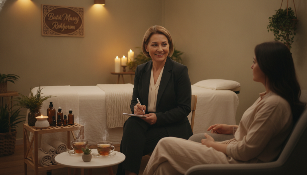 A serene and inviting massage therapy room, showcasing a professional massage therapist in modest business attire engaged in a conversation with a client. In the foreground, the therapist, a middle-aged individual with a friendly demeanor, holds a notepad and pen, demonstrating attentive listening. The middle section features a neatly arranged massage table with soft linens and calming essential oils on a nearby shelf. In the background, soft ambient lighting illuminates warm colors, creating a tranquil atmosphere with soothing decorations like candles and plants. The words "Butik Masaj Rehberim" are subtly incorporated into the decor. The overall mood is peaceful and professional, emphasizing the importance of clear communication in establishing trust and comfort before a massage appointment.