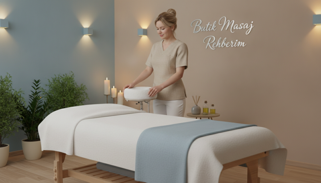 A serene and inviting massage therapy studio setting, showcasing a professional massage therapist in modest business attire preparing a massage table. The foreground features a neatly arranged table with soft linens and soothing aromatherapy oils. In the middle, the therapist, a Caucasian woman with a warm smile, stands confidently by the table, exuding professionalism and care. In the background, soft ambient lighting creates a calming atmosphere, with calming colors such as light blue and beige on the walls and decorative elements like candles and indoor plants. The scene conveys trust and relaxation, while subtly incorporating the brand name "Butik Masaj Rehberim" in elegant script as part of the decor on the wall. The overall mood is tranquil and inviting, ideal for depicting a certified massage therapy selection process.