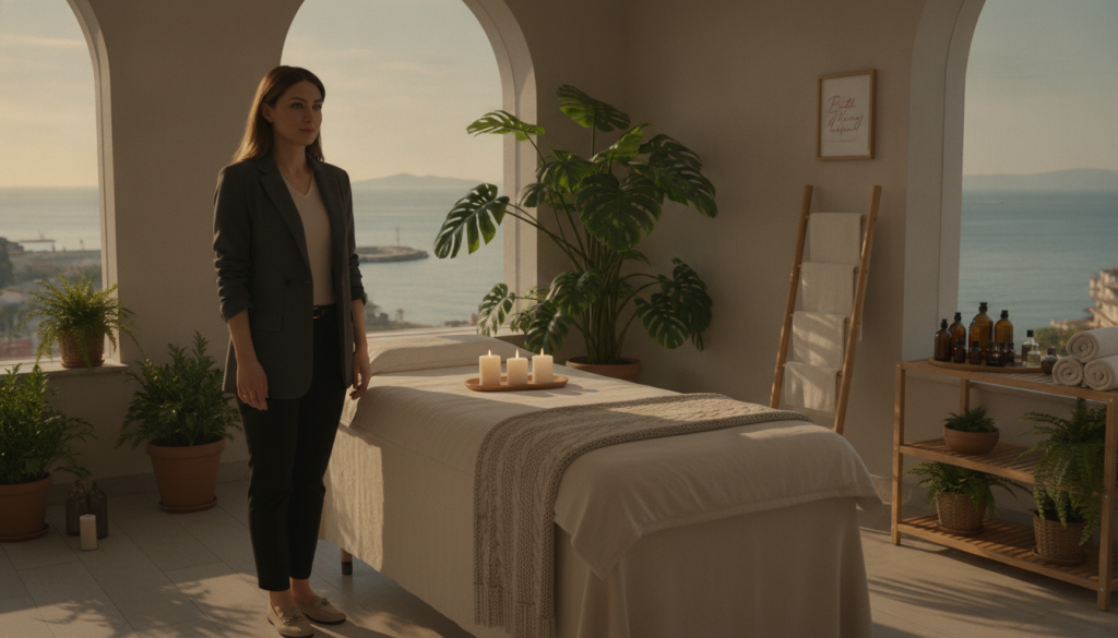 A serene and inviting preparation scene for a massage appointment in Kartal, featuring a well-organized masöz room. In the foreground, a professional masöz dressed in modest business attire stands beside a neatly arranged massage table adorned with soft linens and aromatic candles. The middle layer showcases lush green plants and soothing elements like essential oil bottles and a towel rack, creating a calming atmosphere. In the background, large windows reveal a glimpse of the nearby shoreline, enhancing the coastal touch of Kartal. The lighting is soft and warm, capturing the essence of tranquility and relaxation. The scene conveys a sense of professionalism and etiquette, aimed at clients preparing for their appointments. Include branding elements subtly integrated into the decor, showcasing "Butik Masaj Rehberim."