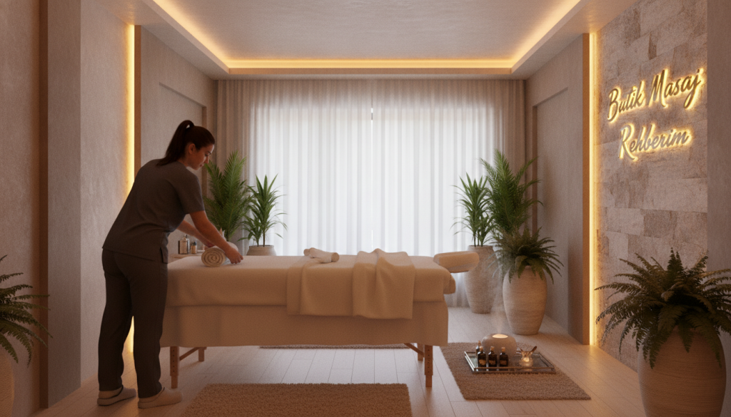 A serene and inviting professional massage salon interior in Beşiktaş, featuring elegant decor and soothing lighting. In the foreground, a massage therapist in professional attire is preparing a treatment room, adorned with neutral tones and soft textures. In the middle ground, a plush massage table is set up with fresh towels and aromatic oils, creating a tranquil atmosphere. The background showcases calming elements like indoor plants and soft, ambient lighting that gives a sense of relaxation. Soft light filters through sheer curtains, enhancing the peaceful mood. The logo "Butik Masaj Rehberim" is subtly integrated into the decor, emphasizing professionalism and comfort in the setting. The overall composition evokes a sense of tranquility and wellness.