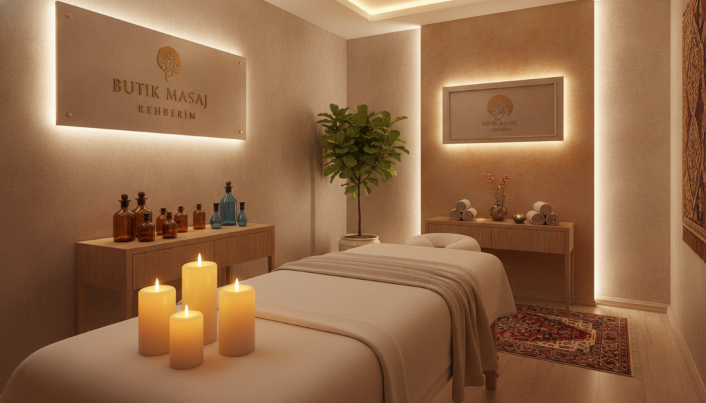 A serene and inviting professional therapy room in a Şişli massage salon. In the foreground, a neatly arranged massage table draped in soft, fresh linens, flanked by soothing candles casting a gentle glow. The middle ground features calming elements such as essential oil bottles and a potted plant, enhancing the atmosphere of relaxation. In the background, soft, warm lighting illuminates textured walls in muted earth tones, creating a tranquil environment. The room is designed with a tasteful blend of modern and traditional elements, offering a welcoming vibe. Soft instrumental music notes can almost be felt in the air, contributing to the overall sense of peace. Branding is visible subtly in the room, showcasing "Butik Masaj Rehberim." The image captures the essence of choosing the right massage therapy experience.