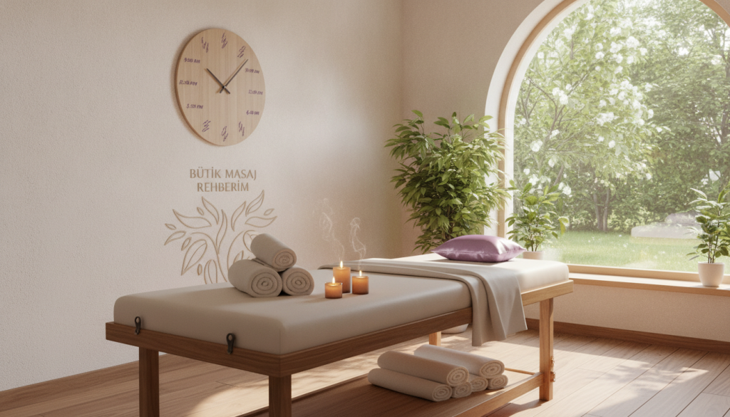 A serene and inviting room in a massage center, illustrating suitable appointment times. In the foreground, a comfortable massage table is neatly arranged with soft, fresh towels and aromatic candles, emitting a warm glow. In the middle, a calming wall displays a tasteful wall clock showing various time slots for appointments. The background features a tranquil window view with lush green plants swaying gently, allowing natural light to filter in, enhancing the peaceful atmosphere. The overall mood is one of relaxation and professionalism. The color palette consists of soft, earthy tones with subtle hints of lavender. This image will embody the essence of relaxation and the ideal scheduling of massage appointments. Include the brand name "Butik Masaj Rehberim" subtly integrated into the decor, without any text overlay.