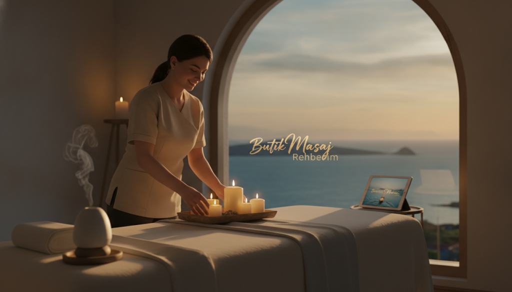 A serene and inviting scene for a massage appointment preparation at Kartal. In the foreground, a well-organized massage room featuring a plush table adorned with soft, neutral linens. An aromatic essential oil diffuser emits a gentle mist, creating a calming atmosphere. In the middle, a professional massage therapist dressed in a neatly pressed, modest outfit prepares the space with soothing candles and relaxing music in the background. The lighting is warm and soft, casting gentle shadows that enhance the tranquil mood. In the background, through a large window, a glimpse of the picturesque coastal view of Kartal can be seen, emphasizing the connection to nature. The overall ambiance conveys resilience and comfort, invoking a sense of relaxation. Include the brand name "Butik Masaj Rehberim" subtly integrated into the environment without text overlays.
