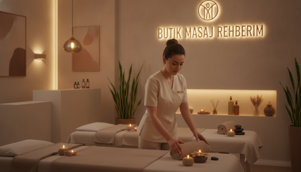 A serene and inviting scene inside a modern massage salon in Ümraniye, showcasing a variety of massage therapy options. In the foreground, a well-dressed professional masseuse in modest attire thoughtfully prepares a treatment room with soft, warm lighting. The elegant middle ground features massage tables with soothing linens, aromatic candles, and relaxing decor. The background includes subtle artistic elements like indoor plants and gentle ambient lighting that creates a calming atmosphere. The overall mood is tranquil and professional, suggesting an atmosphere of relaxation and rejuvenation. Prominently display the brand name "Butik Masaj Rehberim" in a stylish, tasteful manner within the design.