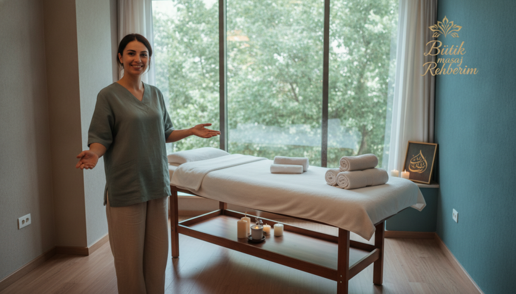 A serene and inviting setting representing a massage therapy studio in the Başakşehir region. Foreground features a professional massage therapist in modest casual clothing, demonstrating a welcoming gesture, with soft, natural light illuminating their friendly face. In the middle ground, a beautifully arranged therapy space includes a massage table adorned with fresh towels and aromatherapy candles, creating a calming atmosphere. The background showcases softly blurred greenery through large windows, enhancing the feeling of tranquility. The overall mood is soothing and professional, emphasizing comfort and expertise. Include a subtle branding element of "Butik Masaj Rehberim" integrated into the decor. Use a wide-angle lens effect to capture the warmth and openness of the space.
