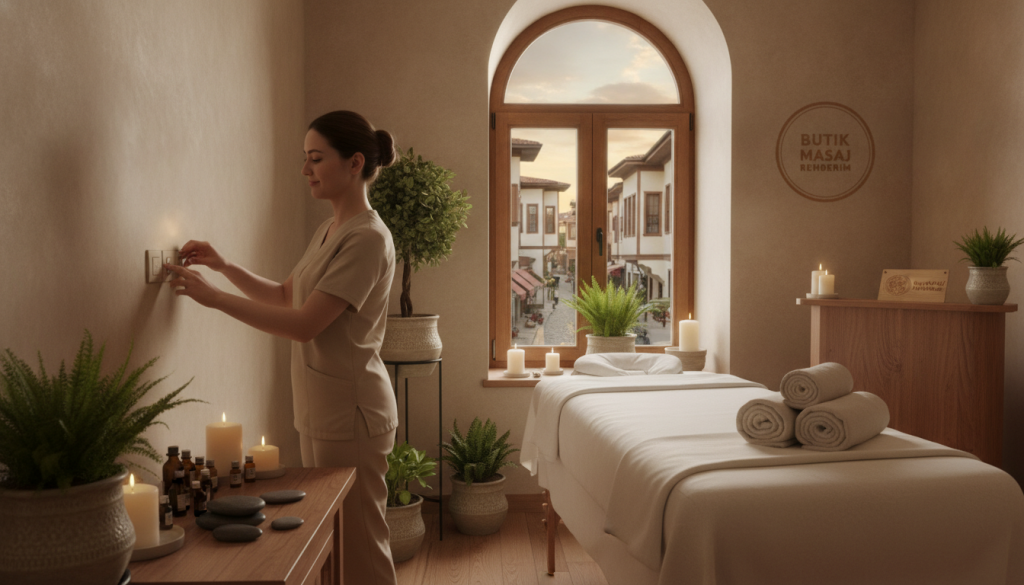 A serene and inviting setting with a professional female massage therapist preparing for an appointment in a cozy room. In the foreground, the therapist is seen adjusting soft, ambient lighting and arranging essential oils on a wooden table. The middle showcases a neatly made massage table with fresh linens and calming decor, including plants and candles. In the background, a window reveals a view of a tranquil Fatih neighborhood. The scene conveys a relaxing atmosphere, emphasizing professionalism and comfort. The color palette features warm earth tones and soft lighting, enhancing the peaceful mood. The logo "Butik Masaj Rehberim" subtly incorporated into the decor, reinforcing the professional tone without being obtrusive.