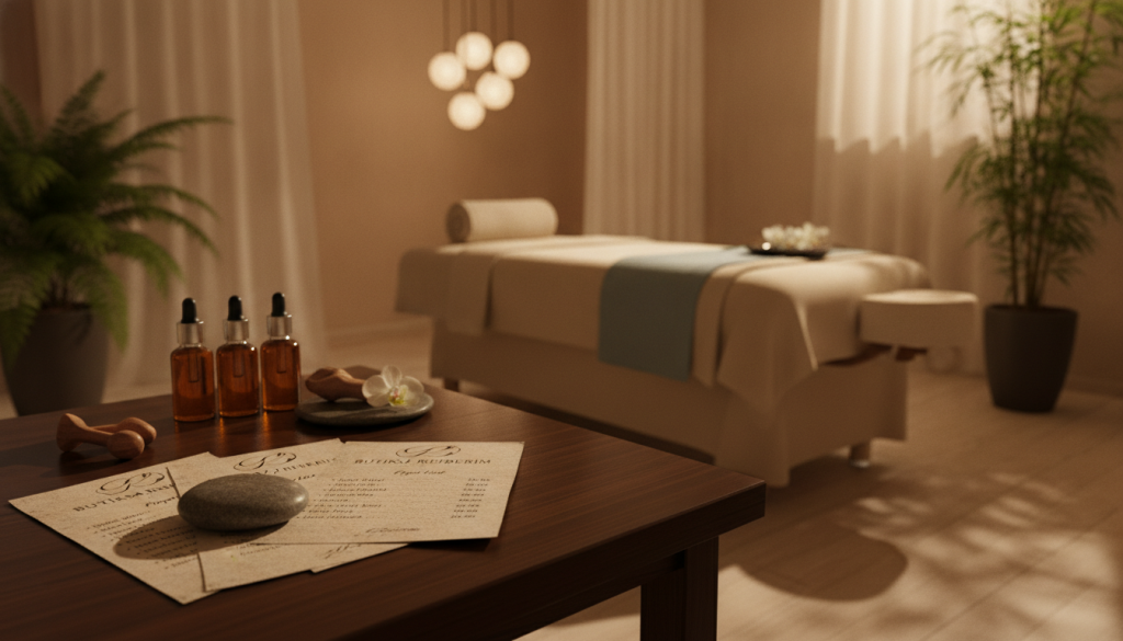 A serene and inviting spa environment featuring a well-designed massage room that showcases a selection of professional massage oils and tools. In the foreground, a tasteful display of massage price lists is elegantly arranged on a polished wooden table, conveying a sense of clarity and professionalism. The middle ground reveals a serene massage bed, adorned with plush towels and soft, calming colors, inviting relaxation. In the background, soothing lights create a tranquil ambiance, with hints of greenery suggesting a rejuvenating atmosphere. The overall mood is peaceful and welcoming, reflecting a high-quality service experience. Include the brand name "Butik Masaj Rehberim" subtly integrated into the scene in an elegant font. The lighting is warm and soft, creating shadows that enhance the tranquil feel, shot from a slight angle to capture the full depth of space.