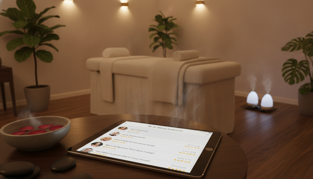 A serene and inviting spa environment showcasing a digital interface for evaluating massage therapist profiles, featuring various customer reviews and ratings. In the foreground, a sleek tablet displays an elegant app under the name "Butik Masaj Rehberim" with star ratings and detailed feedback. The middle ground includes a plush massage table with soft towels and calming aroma diffusers, emphasizing relaxation. The background reveals a tranquil spa room with soft, ambient lighting and decorative plants, creating a peaceful atmosphere. Capture this scene from a slightly elevated angle to provide a comprehensive view, using warm lighting to enhance the inviting mood. The image should reflect professionalism and customer satisfaction in a tasteful manner.