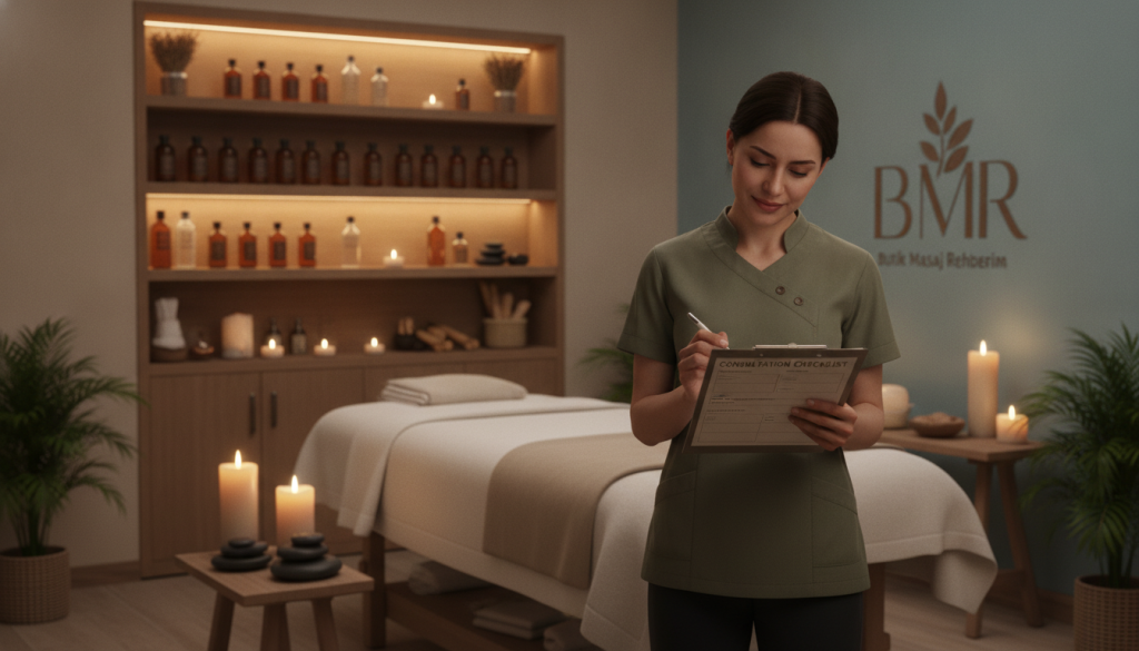 A serene and inviting spa environment showcasing a professional massage therapist thoughtfully selecting the right client treatment. In the foreground, a well-dressed therapist—wearing a smart, modest outfit—stands holding a consultation checklist, analyzing client preferences. The middle layer features a calming therapy room with soft lighting, featuring candles and soothing decor. In the background, shelves organized with various massage oils and tools hint at the options available. The atmosphere is tranquil and professional, conveying trust and expertise. The image should include the brand name "Butik Masaj Rehberim" subtly incorporated in the design elements without text. Capture the essence of a harmonious encounter in a peaceful setting, emphasizing the importance of choosing the right massage therapist.