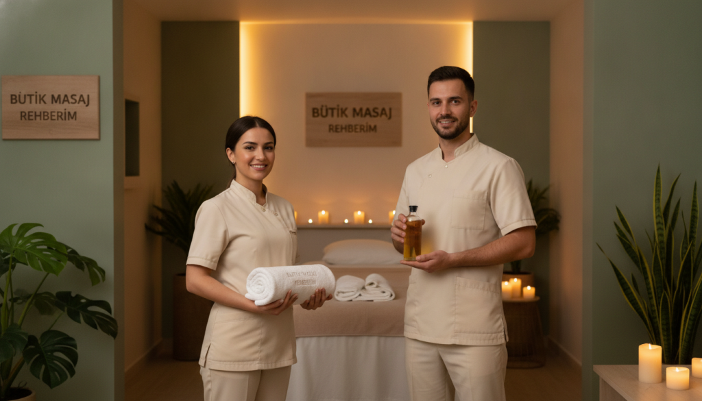 A serene and inviting spa interior in Ataşehir, showcasing a selection of professional massage therapists. In the foreground, two therapists in professional attire stand confidently, one holding a towel and the other a massage oil bottle, both smiling warmly. In the middle background, a tranquil massage room with soft, ambient lighting, calming colors, and a massage table adorned with luxurious linens is visible. Natural plants decorate the corners, enhancing the peaceful atmosphere. The soft glow of candles casts gentle shadows, creating a relaxing vibe. The overall mood is one of calmness and professionalism, symbolizing the essence of "Butik Masaj Rehberim" as a trusted source for finding the best therapists in Ataşehir.